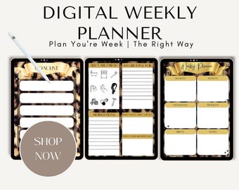 May include: Digital weekly planner with a leopard print background and gold accents. The planner includes sections for goal setting, self-care, gratitude, affirmations, and a daily schedule.