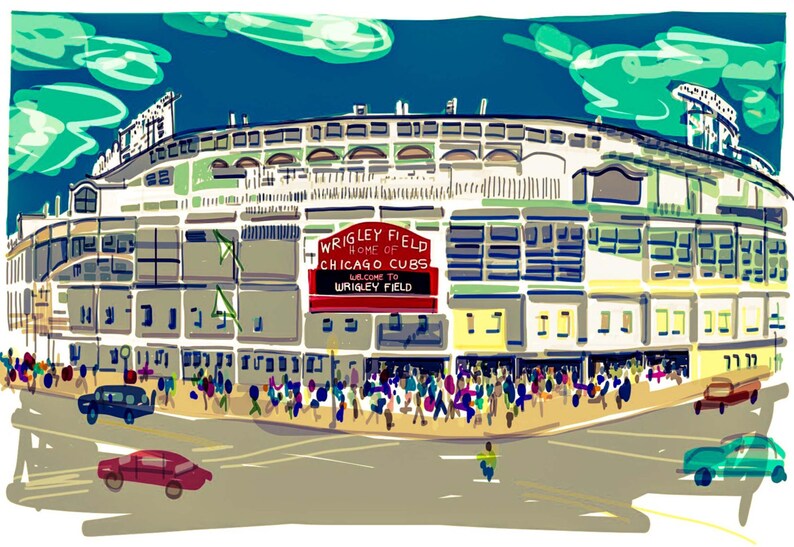 Wrigley Field Illustration Chicago Cubs Wall Art Print Etsy