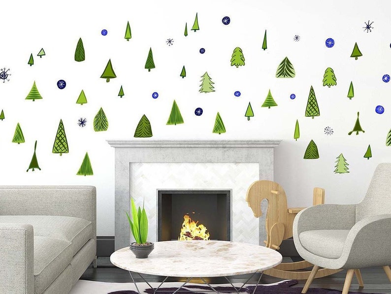 Christmas Trees And Snowflakes Winter Wall Stickers Holiday Etsy