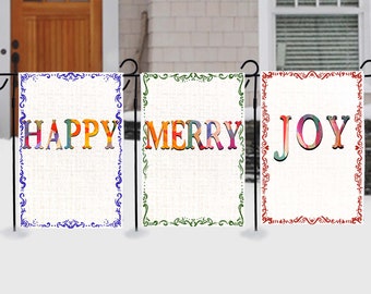 Christmas Decorations, Xmas Garden Flags, Merry Happy Joy, Winter Outdoor Decor, Door or Window Hanger