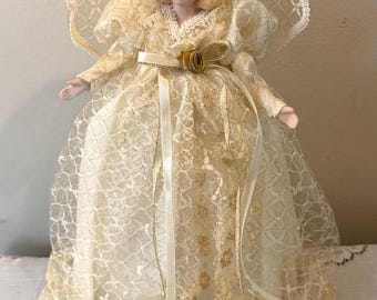 Vinatge angel tree topper with porcelain face/hands and gold accents/Christmas tree/lace gown