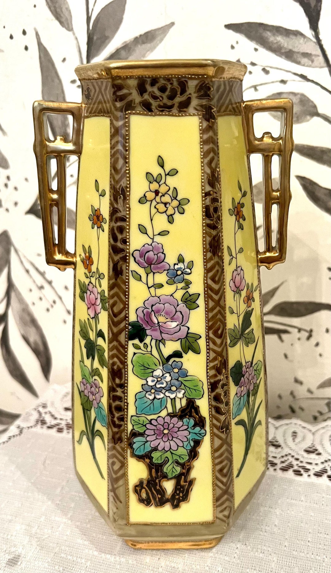 Hand Painted Nippon Vase With Gold Handles and Flowers - Etsy