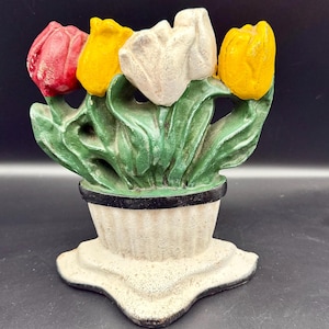 Antique cast iron Albany Foundry door stop tulips in pot 1920’s hand painted/ cottagecore/rustic/heavy