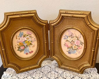 Vintage 1970s Syroco Wicker Framed Blue Floral Picture Wall