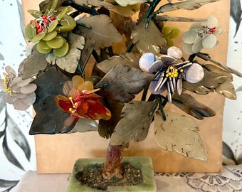Vintage Chinese Jade Bonsai Tree, Semiprecious Stone Flowers