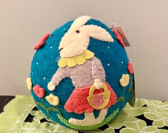 Simply Spring blue felted decor ball/egg with bunny, flowers and butterflies