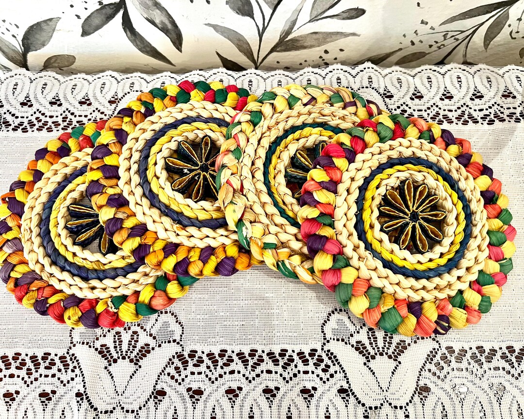 4 Handwoven Rattan Straw Trivets Multicolor/boho - Etsy