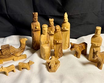 Vintage 12 piece hand carved olive wood Nativity Set West Bank/Manger/Holy Land