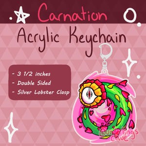 May include: Acrylic keychain with a carnation design in pink, green, and yellow. The keychain is double-sided and has a silver lobster clasp. The keychain measures 8.89 cm.