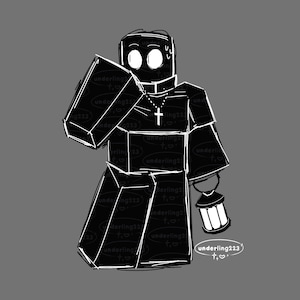 May include: Black and white illustration of a figure in a priest's outfit, holding a lantern. The figure has a cross necklace and a geometric design. The artist's signature "underling223" is in the bottom right corner.