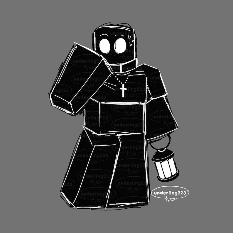 May include: Black and white illustration of a figure in a priest's outfit, holding a lantern. The figure has a cross necklace and a geometric design. The artist's signature "underling223" is in the bottom right corner.