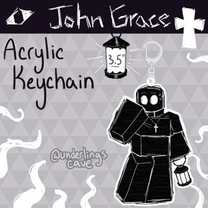 May include: Black and white acrylic keychain featuring a stylized figure with a cross pendant and a lantern. The keychain includes a 8.89 cm lantern charm. The text "John Grace" and "Acrylic Keychain" are also visible.