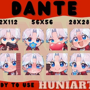 Puede incluir: Un conjunto de ocho ilustraciones digitales que presentan a un personaje con cabello blanco y ropa roja en varias poses y expresiones. El personaje se muestra sosteniendo un arma, una flor, un corazón y un vaso de agua. El texto "DANTE" está en la parte superior de la imagen, y el texto "READY TO USE HUNIARTS" está en la parte inferior.