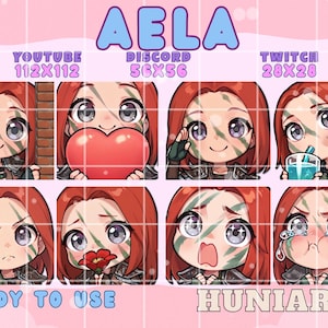 Könnte beinhalten: Eine Sammlung von acht Cartoon-Emotes mit einer Figur mit roten Haaren und grüner Gesichtsfarbe. Die Emotes zeigen verschiedene Ausdrücke, darunter Lächeln, ein Herz halten und Weinen. Text enthält "AELA", "READY TO USE" und "HUNIARTS".