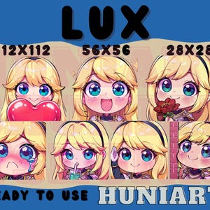 May include: A set of eight digital illustrations of Lux, a character from the video game League of Legends. The illustrations are in a chibi style and feature Lux in different poses and expressions. The illustrations are available in three sizes: 112x112 pixels, 56x56 pixels, and 28x28 pixels. The text "LUX" is displayed at the top of the image, and the text "READY TO USE HUNIARTS" is displayed at the bottom of the image.