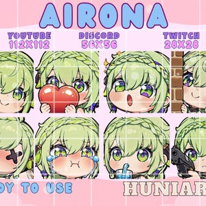 May include: A set of eight digital emotes featuring a green-haired anime character with various expressions. The emotes are labeled for use on YouTube, Discord, and Twitch. Text includes "AIRONA", "READY TO USE", and "HUNIARTS".