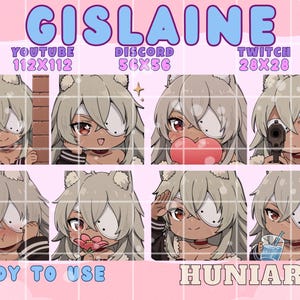 May include: A pink graphic with the name "GISLAINE" in blue, along with various chibi-style anime character emotes. The emotes are in different poses, with text that says "READY TO USE" and "HUNIARTS".