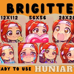 May include: A set of eight digital illustrations featuring a cartoon character named Brigitte. The character is a young woman with red hair and a pink heart. The illustrations are in different sizes, ranging from 28x28 pixels to 112x112 pixels. The text "READY TO USE" and "HUNIAARTS" is also included in the image.