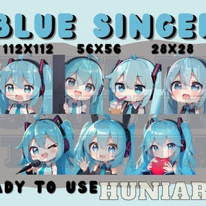 Singer Blue Hair Anime Girl, Anime Emotes, Chibi Emotes for Twitch/Discord/Youtube