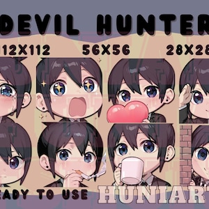 May include: A set of eight digital illustrations featuring a cartoon character with black hair and blue eyes. The character is shown in different poses and expressions, including crying, surprised, holding a heart, saluting, holding a cup, smoking a cigarette, and looking sad. The illustrations are labeled with the text "DEVIL HUNTER" and "READY TO USE HUNIARTS".