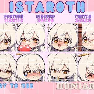 Puede incluir: Una colección de ocho emotes de arte digital estilo chibi que presentan un personaje con cabello blanco y ojos dorados. Los emotes están diseñados para plataformas como YouTube, Discord y Twitch. El texto incluye "ISTAROTH", "READY TO USE" y "HUNIARTS".
