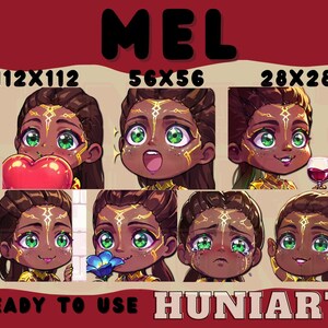 May include: A digital art graphic featuring a character with various expressions. The character has brown hair, green eyes, and gold accents. The image includes the text "MEL", "READY TO USE", and "HUNIARTS". The character is shown holding a heart, a flower, and a glass of wine.