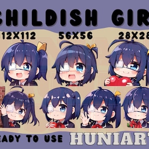 Childish School Girl, Cute Eyepatch Girl, Blue Hair Anime Girl, Anime Emotes, Chibi Emotes for Twitch/Discord/Youtube