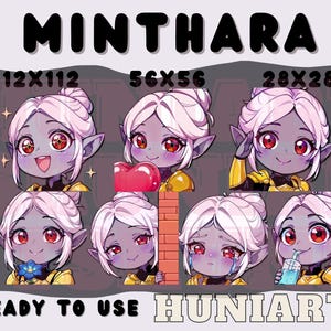 May include: A set of seven digital illustrations featuring a purple-skinned character with pink hair in various expressions. The character is wearing a yellow and gold outfit. The illustrations are available in three sizes: 112x112 pixels, 56x56 pixels, and 28x28 pixels. The text "MINTHARA" appears at the top of the image, and the text "READY TO USE HUNIAARTS" appears at the bottom.
