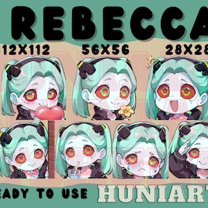 Könnte beinhalten: Eine Sammlung von Chibi-Stil-Emotes mit der Figur Rebecca. Die Emotes zeigen verschiedene Ausdrücke, darunter das Halten eines Herzens, Lächeln und Weinen. Die Figur hat mintgrünes Haar und rote Augen. Der Text "READY TO USE" und "HUNIARTS" ist ebenfalls vorhanden.