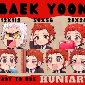 May include: Set of eight digital illustrations featuring a cartoon character with different expressions. The character has red hair, brown eyes, and is wearing a black suit. The illustrations are available in three sizes: 112x112 pixels, 56x56 pixels, and 28x28 pixels. The text "BAEK YOON" and "READY TO USE HUNIARTS" is also included in the image.