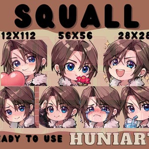 Puede incluir: Ilustración digital de un personaje con cabello castaño y ojos azules, mostrando diversas emociones. La imagen incluye el texto "SQUALL", "READY TO USE" y "HUNIARTS", junto con las dimensiones.