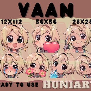 Puede incluir: Un conjunto de ocho pegatinas digitales que presentan un personaje de dibujos animados con cabello rubio y diferentes expresiones. Las pegatinas están disponibles en tres tamaños: 112x112 píxeles, 56x56 píxeles y 28x28 píxeles. El texto "VAAN" y "READY TO USE HUNIAARTS" también se incluye en la imagen.