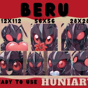 May include: A set of eight digital illustrations of a black and red cartoon character with different expressions. The character is a humanoid with insect-like features. The illustrations are in various sizes, including 112x112, 56x56, and 28x28 pixels. The text "BERU" is at the top of the image, and the text "READY TO USE HUNIARTS" is at the bottom.