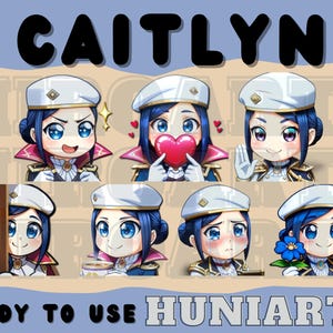 May include: A set of eight digital stickers featuring a cartoon character named Caitlyn. The stickers show Caitlyn in different poses and expressions, including a heart-shaped sticker, a sticker with a cup of tea, and a sticker with a flower.