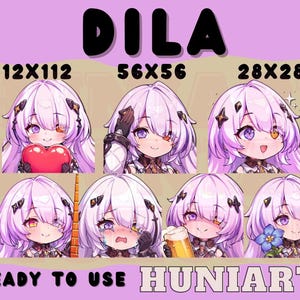 Op de afbeelding: Een verzameling anime-stijl karakterportretten met verschillende uitdrukkingen, waaronder het vasthouden van een hart, glimlachen en huilen. Het personage heeft lavendelkleurig haar en paarse ogen. Tekst bevat "DILA", "READY TO USE" en "HUNIARTS".