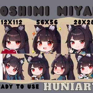 Puede incluir: Un conjunto de ocho ilustraciones digitales que presentan un personaje de dibujos animados con cabello negro, ojos rojos y orejas de gato. El personaje se muestra en diferentes poses y expresiones, incluyendo sonriendo, guiñando un ojo y sosteniendo un corazón. Las ilustraciones están disponibles en tres tamaños: 112x112 píxeles, 56x56 píxeles y 28x28 píxeles. El texto "Hoshimi Miyabi" y "Ready to Use Huniarts" también se incluye en la imagen.