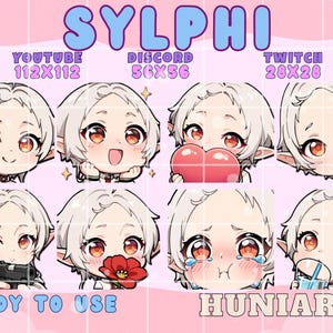 May include: A collection of Sylphi-themed digital art emotes, featuring a character with white hair and orange eyes. The emotes are designed for platforms like YouTube, Discord, and Twitch, with various expressions and poses. Text includes "READY TO USE" and "HUNIARTS".