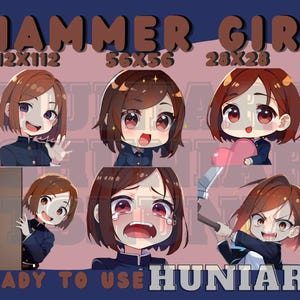 Hammer Girl Brown Hair Anime Girl, Anime Emotes, Chibi Emotes for Twitch/Discord/Youtube