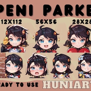 Könnte beinhalten: Ein Satz von acht digitalen Illustrationen mit einer Comicfigur mit schwarzen Haaren und verschiedenen Gesichtsausdrücken. Die Illustrationen sind in verschiedenen Größen, darunter 112x112, 56x56 und 28x28 Pixel. Der Text "PENI PARKER" befindet sich oben im Bild, und der Text "READY TO USE HUNIARTS" befindet sich unten.