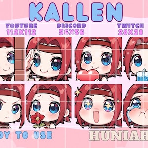 May include: A collection of eight chibi-style digital art emotes featuring a character with red hair and large blue eyes. The emotes display various expressions and are labeled for use on YouTube, Discord, and Twitch. Text includes "KALLEN", "READY TO USE", and "HUNIARTS".