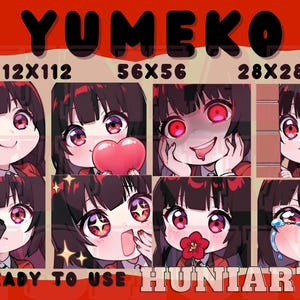 May include: A set of nine digital illustrations featuring a cartoon character with black hair and red eyes. The character is shown with different expressions, including smiling, winking, and crying. The illustrations are available in three sizes: 112x112 pixels, 56x56 pixels, and 28x28 pixels. The text "Yumeko" and "Huniarts" are also included in the image.
