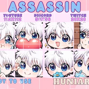 May include: A pink graphic with the word "ASSASSIN" in blue, featuring anime-style character portraits for YouTube, Discord, and Twitch. The portraits have white hair and large blue eyes, with various expressions. Text at the bottom reads "READY TO USE" and "HUNIARTS."