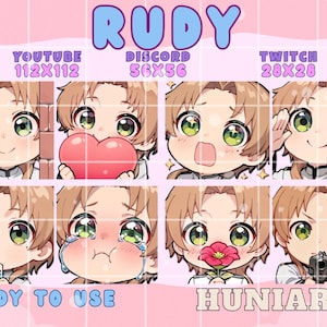 May include: A collection of eight chibi-style character emotes with various expressions, including smiling, holding a heart, and crying. The name "RUDY" is displayed at the top, with platform sizes for YouTube, Discord, and Twitch. The text "READY TO USE" and "HUNIARTS" are also present.