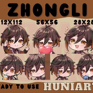 May include: Eight digital illustrations of a cartoon character with brown hair and different facial expressions. The character is wearing a brown jacket and a white shirt. The images are labelled with the text "ZHONGLI" and the dimensions "112x112", "56x56", and "28x28". The text "READY TO USE HUNIARTS" is at the bottom of the image.