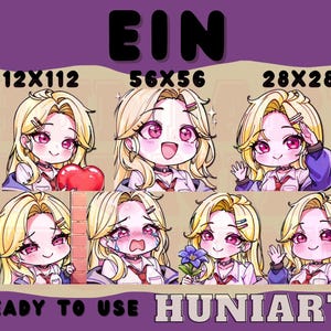 May include: A set of eight digital illustrations featuring a cartoon character with blonde hair and different expressions. The illustrations are available in three sizes: 112x112 pixels, 56x56 pixels, and 28x28 pixels. The text "EIN" and "HUNIARTS" are also included in the image.