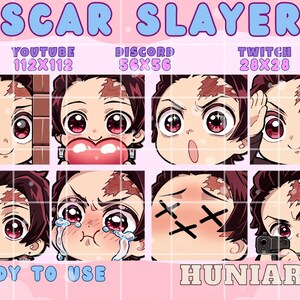 May include: A collection of eight anime-style character emotes with various expressions, including happy, surprised, and angry. The text "SCAR SLAYER" is at the top, with "READY TO USE" and "HUNIARTS" at the bottom. The emotes are designed for YouTube, Discord, and Twitch.