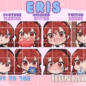 May include: A set of eight chibi-style digital art emotes featuring a character with red hair and large eyes. The emotes display various expressions and actions, including holding a heart, crying, and saluting. Text includes "ERIS", "READY TO USE", and "HUNIARTS".