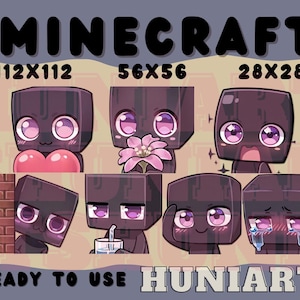 Puede incluir: Ocho pegatinas digitales con un personaje de Minecraft con diferentes expresiones. Las pegatinas son de varios tamaños: 112x112, 56x56 y 28x28. El personaje es negro con ojos morados y un rubor rosado. Las pegatinas están listas para usar.