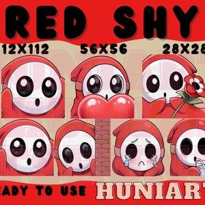 Könnte beinhalten: Ein Satz von acht roten Shy Guy Emojis in verschiedenen Posen, darunter überrascht, ein Herz haltend, eine Blume haltend, weinend und aus einem Glas trinkend. Die Emojis sind in drei Größen verfügbar: 112x112 Pixel, 56x56 Pixel und 28x28 Pixel. Der Text "RED SHY" und "READY TO USE HUNIARTS" ist ebenfalls im Bild enthalten.