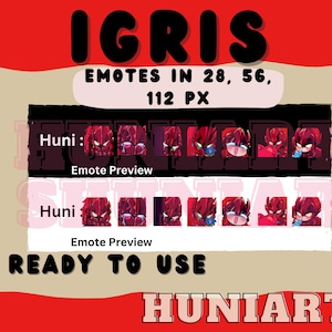 K&ouml;nnte beinhalten: Eine digitale Illustration eines roten Charakters mit verschiedenen Gesichtsausdr&uuml;cken. Das Bild ist mit "IGRIS EMOTES IN 28, 56, 112 PX" und "HUNI: Emote Preview" sowie "READY TO USE HUNIARTS" beschriftet.